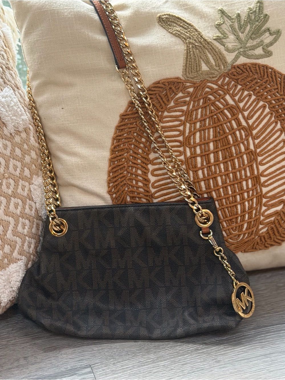Michael Kors Dark Brown Chain-Accent Signature Shoulder Bag